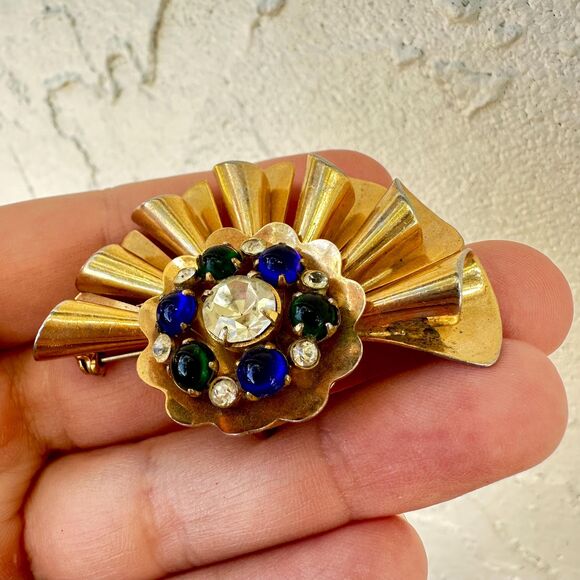 Vintage CORO EARLY ART Deco Vermeil Fab  Flower Brooch Pendant - Picture 4 of 6